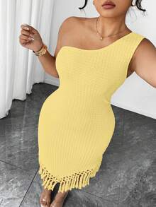 Elenzga 大码女式不对称下摆弹力无袖不对称肩连衣裙，西式服装，波西米亚风夏季女装，沙滩女装，度假装，西式紧身连衣裙 - 鵝黃色 - 查看 6