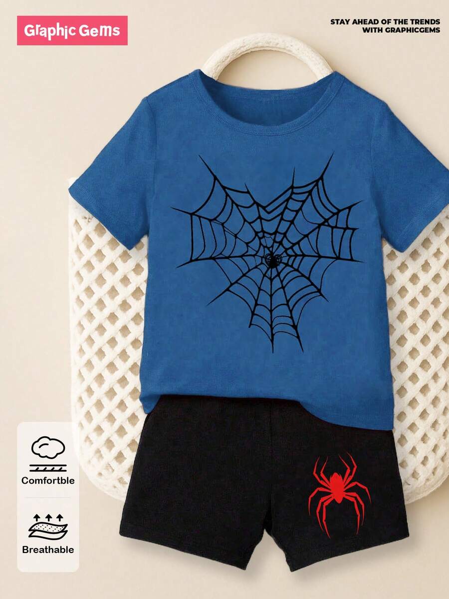 GraphicGems Set estivo casual di maglietta a maniche corte e pantaloncini per bambini maschi, con stampa creativa e personalizzata a ragnatela rossa, semplice e rinfrescante, outfit comodo adatto per l'estate - Multicolore - Visualizzare 1