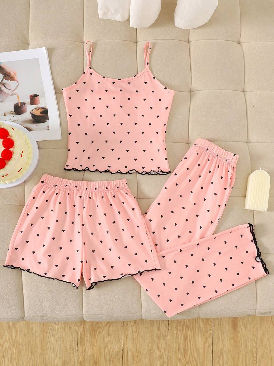 SHEIN Bộ đồ mặc nhà dệt kim thường ngày 3 món cho bé gái tuổi teen - Áo hai dây in họa tiết dễ thương, quần dài và quần short. - Bụi hồng - Xem 1