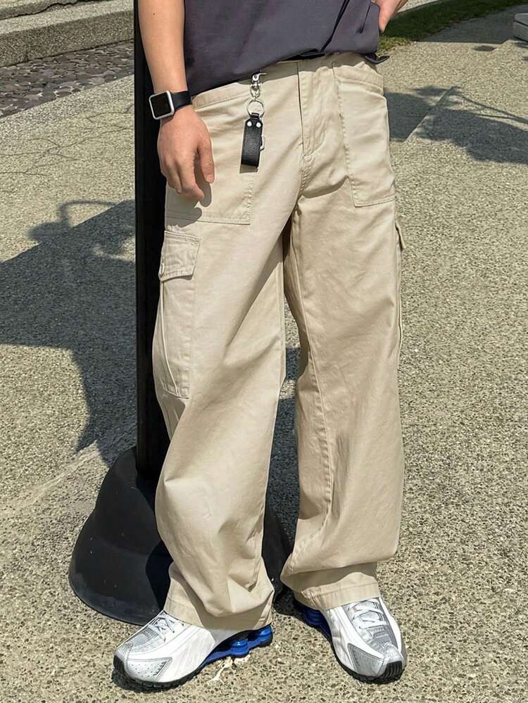 Men's Solid Color Beige Stretch Fabric Cargo Pocket Straight Leg Jeans, Washed, Suitable For Spring And Autumn