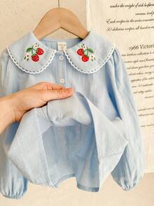 LMoss Kids 女童纯色彼得潘领刺绣休闲衬衫 - 淺藍色 - 查看 3