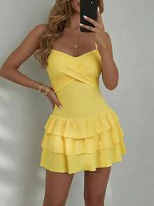 Swim Mod New Strapless Ruffled Layered Cake Skirt One-Piece Swimsuit, Light Yellow, Spring/Summer Yellow Babydoll Top Yellow Sundress Women Lemon Dress Women Love And Lemonade Dresses Yellow Vacation Dress Short Yellow Dress Mini Dress Ruffle Sundress Sun Dress - Yellow - View 2