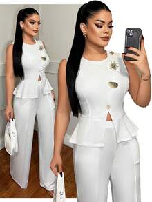 SHEIN SXY 女士纯色简约日常金属扣无袖上衣和纯色裤子套装 - 白色 - 查看 1