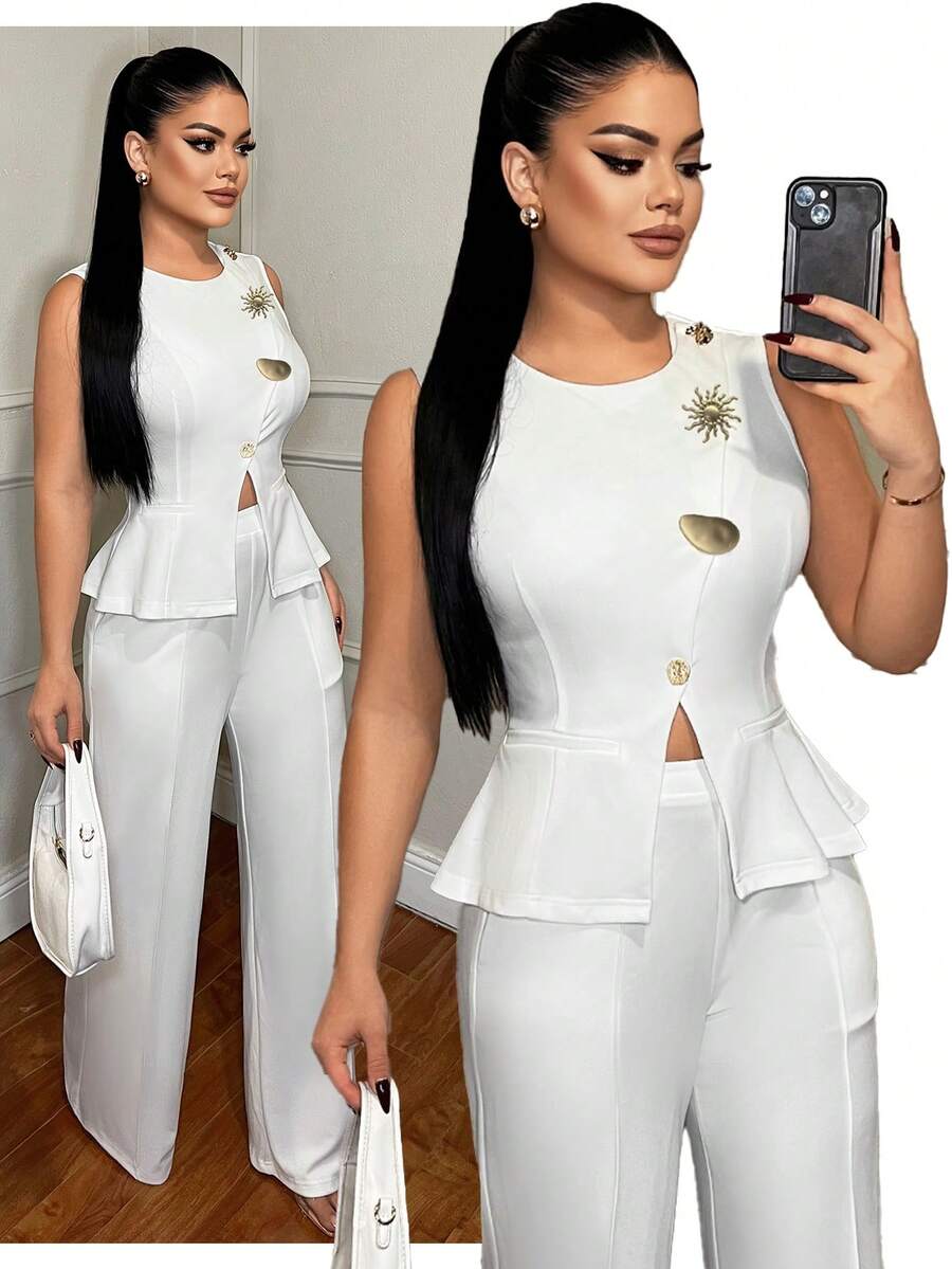 SHEIN SXY 女士纯色简约日常金属扣无袖上衣和纯色裤子套装 - 白色 - 查看 1