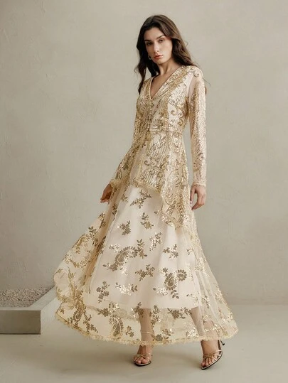 Anewsta Women's New Elegant Embroidered Beaded Dress Set, Suitable For Party, Christmas, Birthday, Luxurious And Graceful Top And Skirt, Apricot And Beige