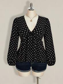 SHEIN ICON 大码女式V领灯笼袖波点印花娃娃衫，复古Y2K风格 - 黑與白 - 查看 4