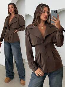 Aloruh Trench-coat marron unicolore à simple boutonnage pour femme avec cordon de serrage à la taille, polyvalent pour le trajet, le port décontracté, toutes saisons - Tabac - Voir 1