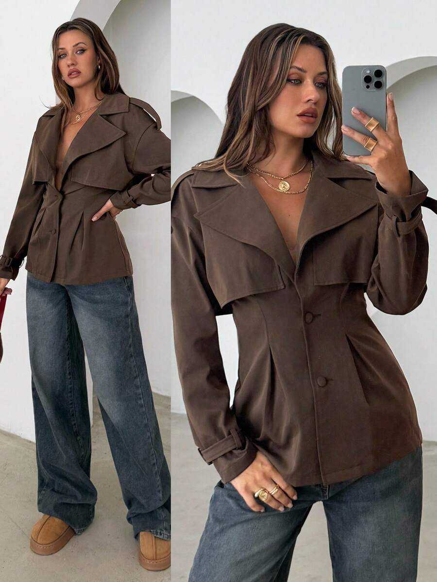 Aloruh Trench-coat marron unicolore à simple boutonnage pour femme avec cordon de serrage à la taille, polyvalent pour le trajet, le port décontracté, toutes saisons - Tabac - Voir 1