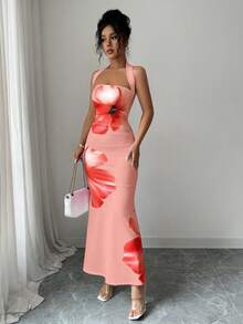 SHEIN PETITE Đầm nữ dài ngang gối dáng ôm in họa tiết, cổ yếm, thắt eo, kiểu dáng mùa hè 2025. - Bụi hồng - Xem 4