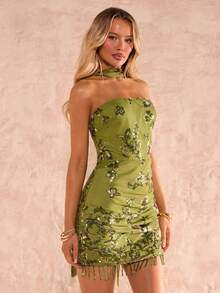 SHEIN Glamour 女士修身亮片装饰流苏抹胸迷你连衣裙 - 綠色 - 查看 5