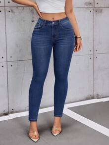 SHEIN Tall 女士休闲口袋修身牛仔裤 - 藍色 - 查看 5