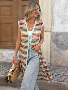 Brillora Blusa de estilo bohemio tejida con lazo, casual y de vacaciones para primavera y verano - Multicolor - Ver 1