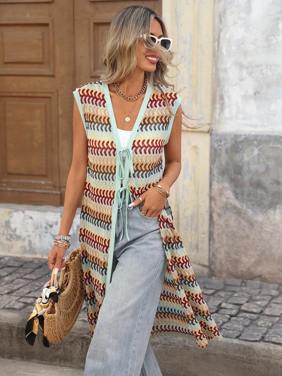 Brillora Blusa de estilo bohemio tejida con lazo, casual y de vacaciones para primavera y verano - Multicolor - Ver 1