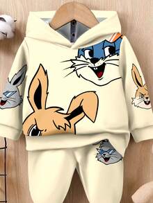 SHEIN 男婴休闲宽松舒适针织柔软经典可爱兔子、小狗动物图案印花连帽运动服套装，适合秋冬季 - 彩色 - 查看 6