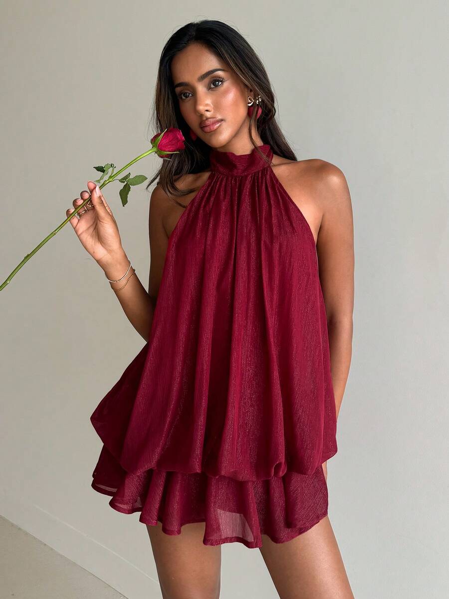 Aloruh Walentynki - Różowe satynowe szorty mini z falbanką w kontrastowym kolorze, codzienne, jednokolorowe, do noszenia w domu - Czerwony - Zobacz 1