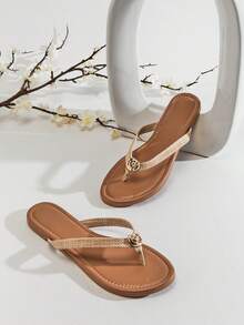 SHUZIA Women's Seashell T-Strap Round Toe Flip Flops Thong Pool Sandals - Beige - View 3