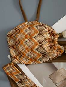 Swim Vcay Women's Beach Spring/Summer Music Festival Knitted Jacquard Brown Splicing Beaded Detachable Shoulder Strap High Cut Pants Retro Vacation Style Bikini Set - Multicolor - View 5