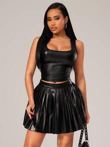 Radiana 女士百搭纯色褶裥A字裙，适合通勤 - 黑色 - 查看 3