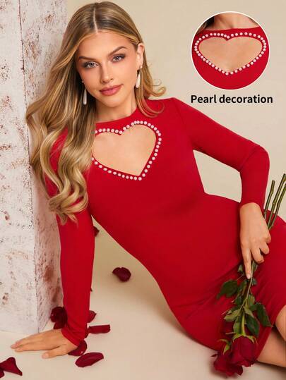 Amorya Normal klänning med hjärtmönster och pärlor, kort stickad klänning, röda set för kvinnor, röd klänning, hjärtformad klänning för kvinnor, långärmade toppar med pärldekor, vår/sommar, alla hjärtans dag-fest, hjärtutskuren klänning för kvinnor, röd hjärtformad klänning, vår- och sommaroutfits, långärmade klänningar, alla hjärtans dag-klänning, festivaloutfits för kvinnor, kinesiskt nyårsoutfit, födelsedagsoutfit för kvinnor