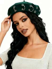 ROMWE Grunge Punk 1pc Punk Style Circular Hollow Rivet Beret Hat, Y2K Round Pendant Newsboy Cap, Daily Personalized Fashion Item - Dark Green - View 5