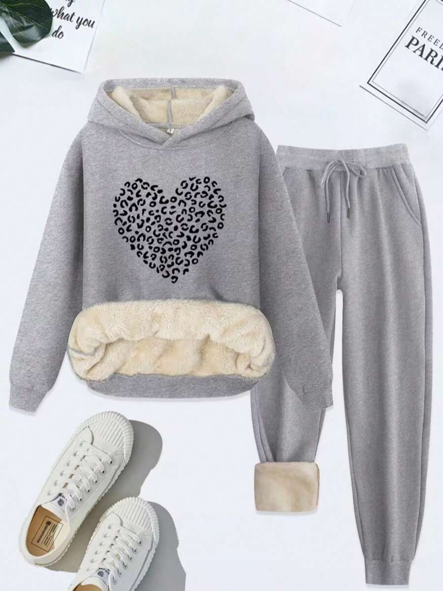 Plush Grey Jogger Cozy Heart Leopard - Grey - View 1