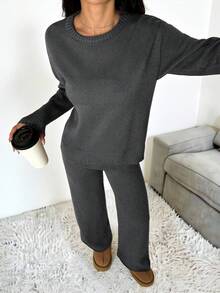 SHEIN PETITE Women Solid Color Crew Neck Long Sleeve Sweater And Long Pants Casual Regular Outfit, Autumn/Winter - Grey - View 7