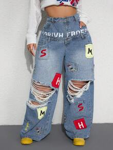 ROMWE Street Life Spring / Summer Y2K Casual Street Style Embroidered Pocket Design Dual Waistband Plus Size Loose Fit Denim Jeans - Light Wash - View 7