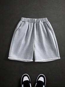 Coolqubz 1pc Casual Knit Shorts For Teenage Boys, Comfortable Fabric, Slim Fit Design, Suitable For Various Occasions, Spring/Summer New Arrival - Grey - View 3