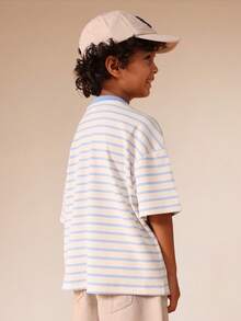 SUMWON Boys Ribbed Ringer Short Sleeve Striped Crew Neck Summer Casual T-Shirt With Logo Patch Vacation - Blue and White - View 2