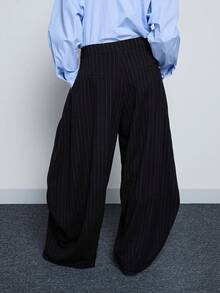 COUREZ Quần ống rộng cạp thấp kẻ sọc dáng suông/Trang phục mùa đông Y2K cho nữ, quần thường ngày, quần công sở, quần áo đi chơi, áo dự tiệc, năm mới, bộ đồ may đo mùa thu đông. - màu đen - Xem 3