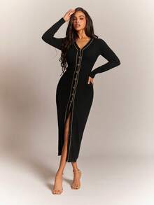 Radiana Women's Elegant Front Button Fitted Knit Dress, Suitable For Commuting,Spring To Summer, - Multicolor - View 3