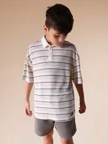 SUMWON Boys Striped Polo Shirt And Shorts Two Piece Casual Summer Set With Ribbed Texture Short Sleeves Vacation - Apricot - View 3