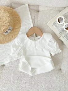 Baby Girls Cute Casual Versatile Preppy Style White Puff Collar Blouse, Summer