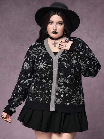 Goth Cardigan lasco in maglia jacquard con stelle e luna per donne taglie forti, colore grigio