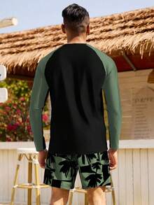 Manfinity Swimmode 2pcs Men's Tropical Print Contrast Color Raglan Sleeve Top And Drawstring Waist Shorts Swimsuit Set - Multicolor - View 2