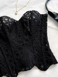 Soleia European & American Style Sexy Avant-Garde Lace Double-Layer Corset Bustier, Fishbone Contoured, Hollow Embroidered Bodysuit, Black