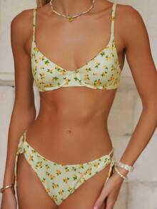 Swim Mod 2pcs/Set Women's Cute Random Lemon Print Bikini Set With Underwire, Adjustable Spaghetti Straps And Side Tie Bottoms, Suitable For Spring/Summer Beach - Multicolor - View 4