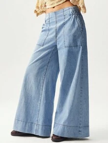 SHEIN BohoFeels 大码宽松水洗阔腿牛仔裤 - 淺色水洗藍 - 查看 5