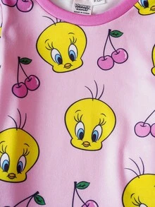 LOONEY TUNES X SHEIN 2 件套女婴卡通小鸟和樱桃印花粉色可爱甜美风格长袖 T 恤和紧身裤睡衣套装