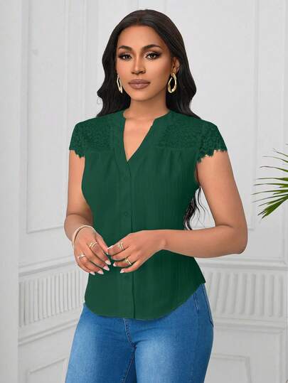 Lyxana Elegant Lace Patchwork Wave Striped Short Sleeve Women Blouse