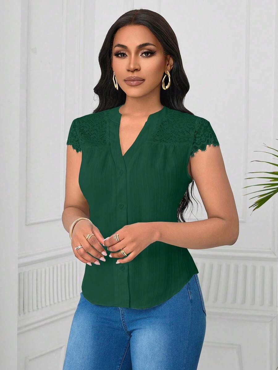 Lunelith SHEIN Lunessa Blus Wanita Lengan Pendek Bergaris Gelombang dengan Motif Renda Elegan - Olive Green - View 1