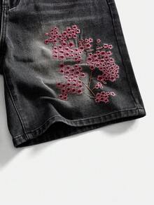 ROMWE MEN Street Life Men's Casual Washed Floral Embroidery Denim Shorts, Summer - Black - View 8