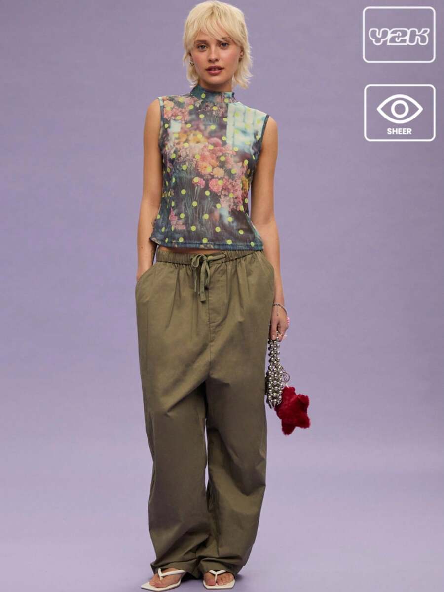 COUREZ Loose Fit Sheer Mesh Flower Polka Dot Print High Neck Top / Clothes Spring Clothes Y2K Cute Tops Going Out Tops Going Out Outfits Graphic Tees - Yellow - View 1