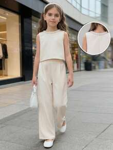 Firerie Kids Tween Girl 3D Beaded Sleeveless Top And Wide Leg Pants, 2 Pieces Summer Outfit, Fashionable & Elegant - Apricot - View 7