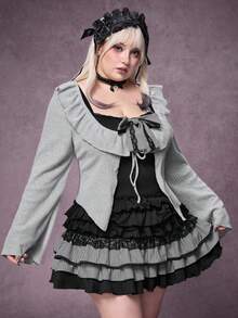 ROMWE Goth 大码哥特风Y2K原宿风蝴蝶结拼接灰黑连衣裙 - 彩色 - 查看 5