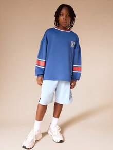 SUMWON Long Sleeve Crew Neck Sweatshirt With Contrast Striped Sleeves And Back Number Print For Boys Fall Winter Casual Wear Vacation - Navy Blue - View 3