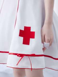 ROMWE EDITION 洛丽塔护士风角色扮演可爱甜美十字绣泡泡袖迷你连衣裙（女款） - 白色 - 查看 6