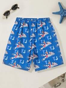 TOM & JERRY X SHEIN Tween Boys' Summer Vacation All-Over Print Drawstring Waist Swimwear Beach Shorts - Blue - View 2