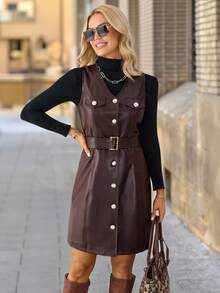 Solivie Vestido de mujer de unicolor de cuero de PU con cierre de un solo botón y longitud media - Marrón - Ver 6