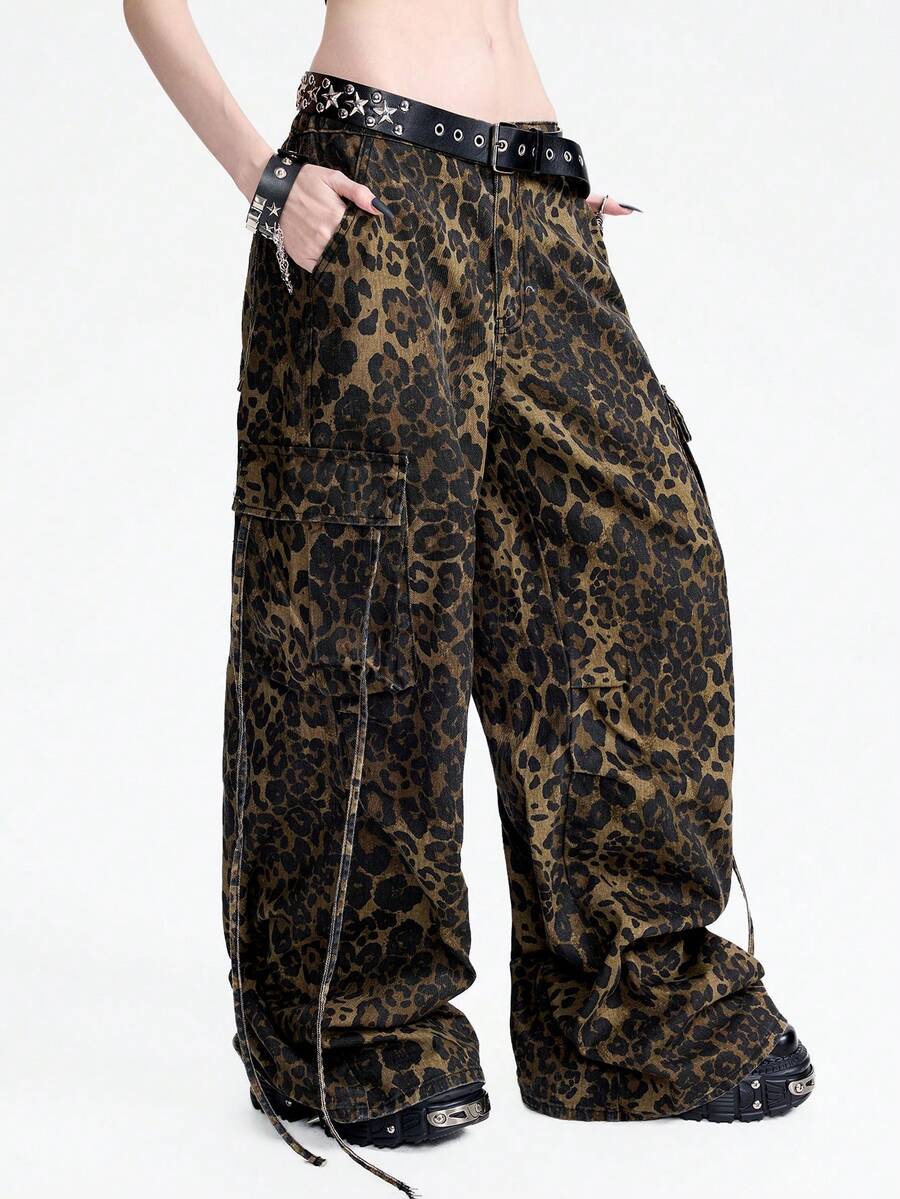 Breakform 时尚哥特风豹纹水洗阔腿牛仔裤 - 彩色 - 查看 1